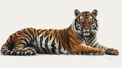 Obraz premium A regal tiger, with its stripes boldly defined, is illustrated in black ink on a stark white canvas