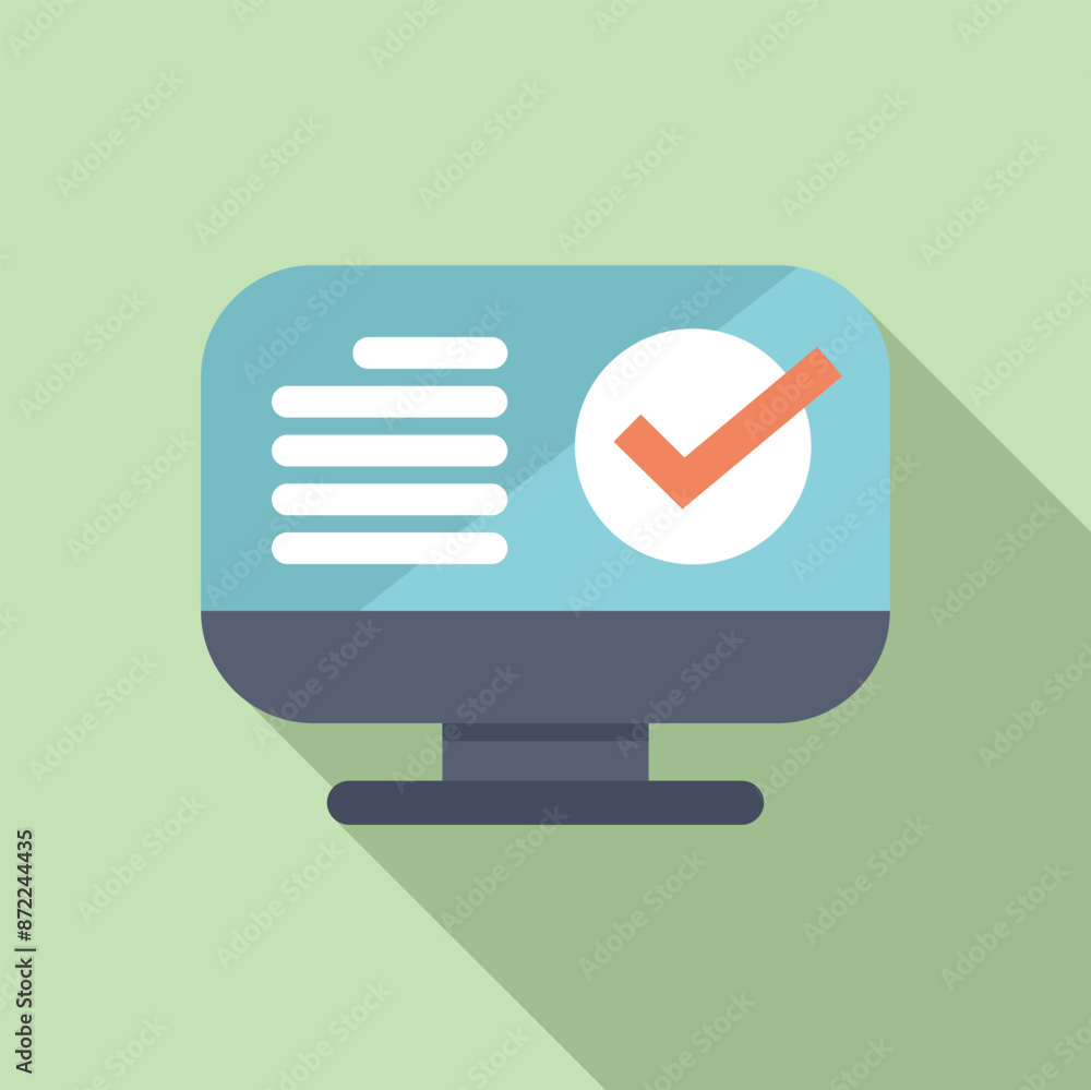 Poster computer showing check mark icon on screen, concept of task done, completed online quiz, approved ap