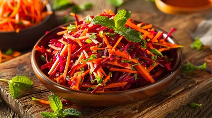 A colorful carrot and beet slaw with a zesty lime dressing, served on a rustic wooden platter, garnished with fresh mint leaves