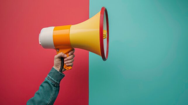 A hand is holding a megaphone with an upgrade announcement in the copy space image. Generative AI