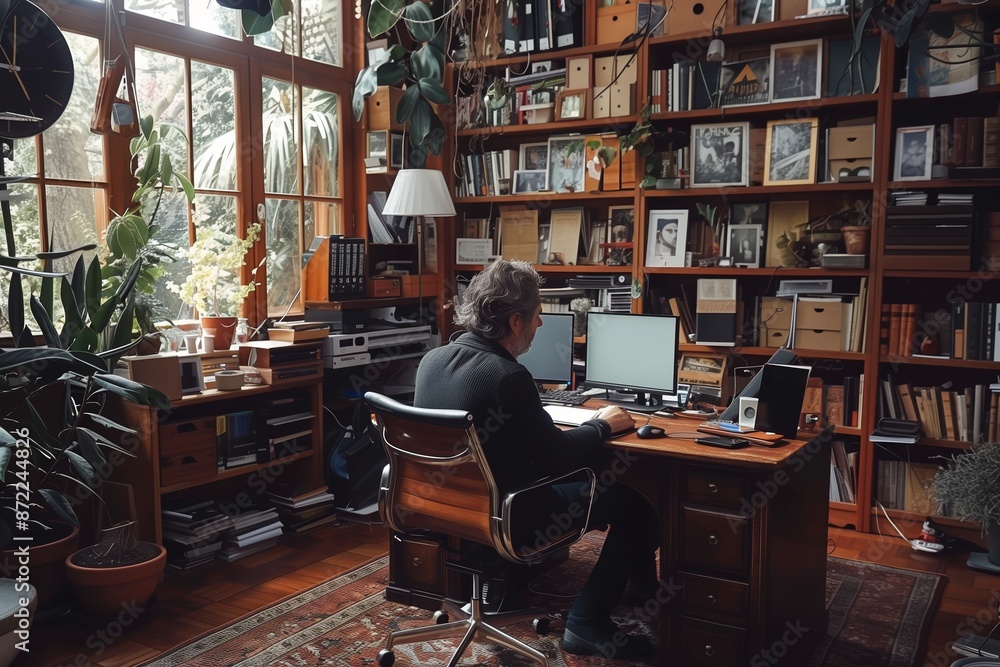 Poster man working at computer desk in home office with bookshelves