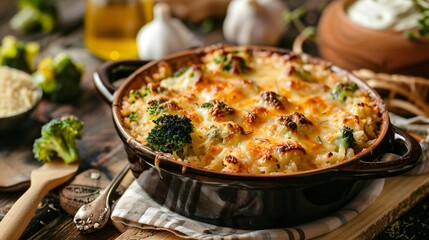 A delightful broccoli and rice casserole with a creamy cheese sauce, baked to golden perfection, served in a deep ceramic dish
