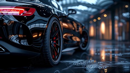 Black Sports Car Parked in Urban Setting at Dusk