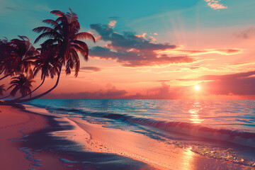 beautiful tropical beach with palm tree silhouettes at dusk