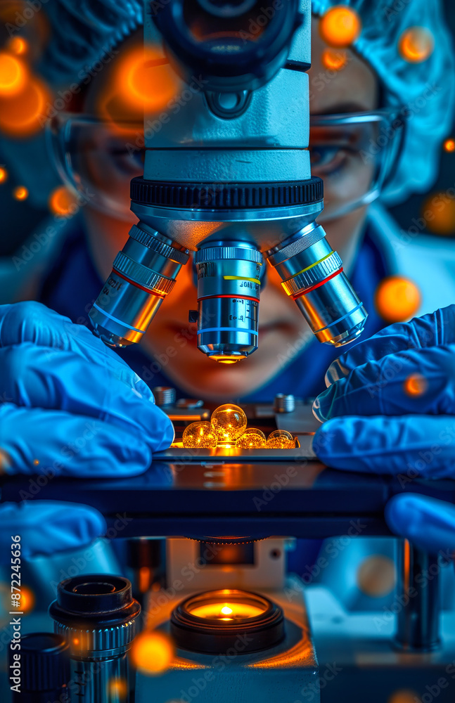 Poster a scientist is looking through a microscope at a small object