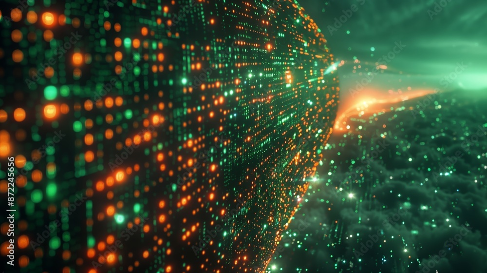 Poster abstract green and orange binary code pattern in a digital space