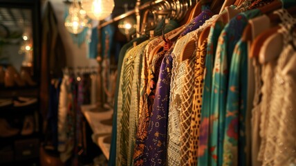 Vibrant dresses in various patterns and fabrics hanging on a rack in a warmly lit boutique,