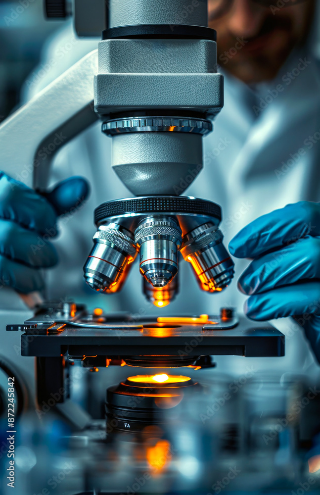 Poster a scientist is looking through a microscope at a sample. concept of curiosity and scientific explora