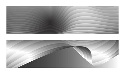 Monochrome cover design, abstract background. Wavy silver parallel gradient lines, ribbons, silk. Set of 2 backgrounds. Black and white with shades of gray banner, poster. eps vector