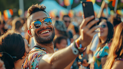 Fototapeta premium A man is taking a selfie at a lively outdoor festival surrounded by a crowd