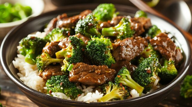 A hearty broccoli and beef stir-fry with a savory garlic sauce, served over fluffy white rice in a deep ceramic bowl