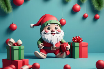 Paper style Christmas Card, cute Christmas gnom wearing red hat and holding red green presents on blue background.
