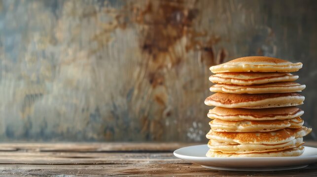 A tall stack of pancakes is perfect for a family breakfast with a shallow depth of field and an empty area for additional content. Generative AI