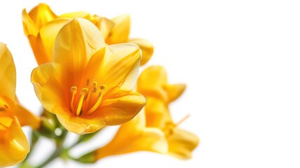 Obraz premium A white background with a bright yellow freesia flower perfectly framed and ready to use as a copy space image. Generative AI