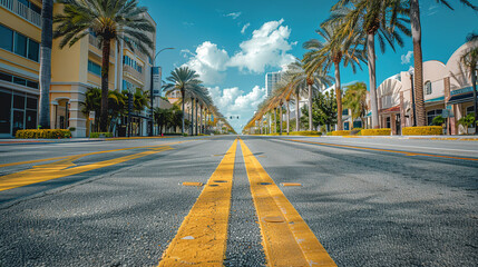 Palm-lined street with clear blue sky and buildings