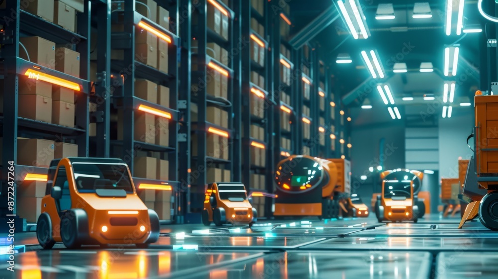 Poster automated vehicles navigate a modern warehouse, transporting goods between shelves and loading docks