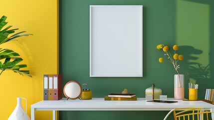 Modern workspace with a white desk, vibrant yellow decor, and a blank white frame on a green wall in a widescreen layout.