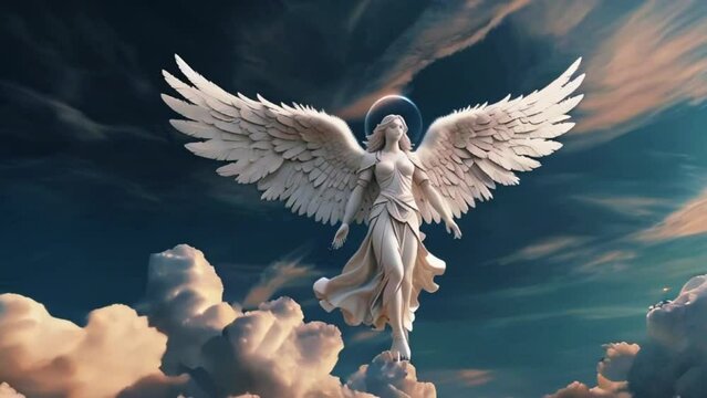 Guardian angel in heaven clouds. Archangel. Heavenly angelic spirit with wings. Illustration abstract white angel, 4K High-Quality animation video