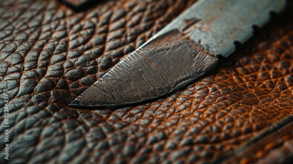 Aufkleber a closeup of a leather beveler its sharp blade creating beveled edges on a piece of leather adding a
