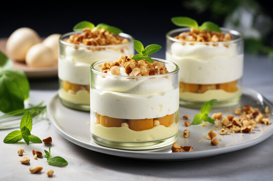 Close-up of delicious layered parfait in three glass jars, topped with nuts and mint leaves, set on a tray. Perfect for dessert ideas.