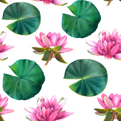 Water lilies seamless Pattern. Watercolor background of pink flowers and green leaves. Hand drawn isolated illustration. Botanical painting of lotus. Ornament for textile design or wrapping paper.