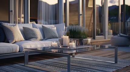 Obraz premium A modern coffee table with a silver tree branch base and glass top sits in a living room setting