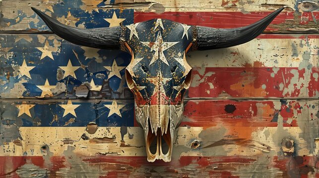 Artistic bull skull painted with stars and stripes motif, symbolizing the wild west. Generative AI