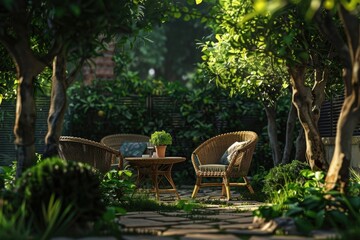 Obraz premium Green trees and wicker garden furniture in the backyard