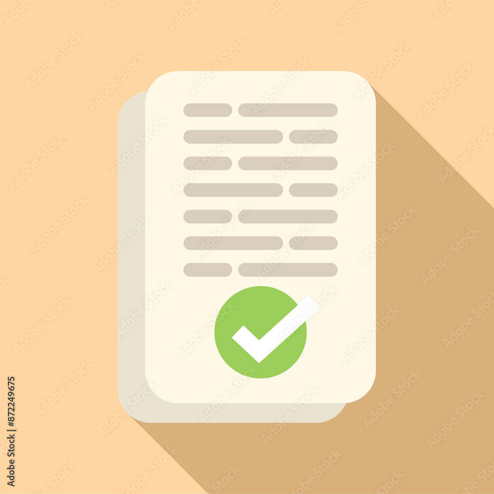 Poster document being validated with a green check mark, flat design icon with long shadow