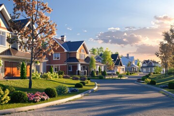 Houses in suburb at Summer in the north America. Luxury houses with nice landscape.