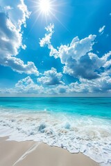 Obraz premium Featuring a beautiful tropical beach with white sand, turquoise ocean in the background