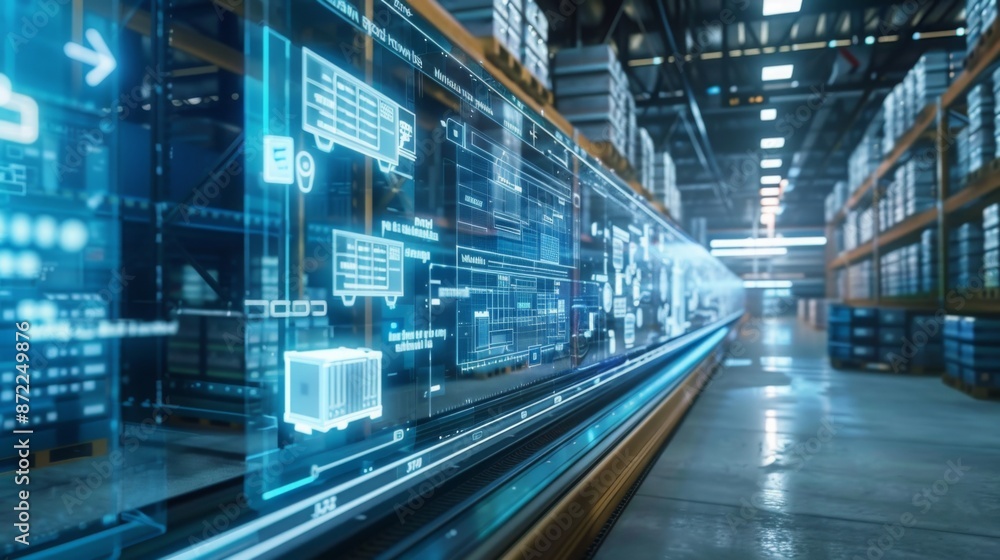 Poster Futuristic warehouse uses digital interface to display transportation and logistics processes. Schematics of trucks and containers highlight automation in supply chains.