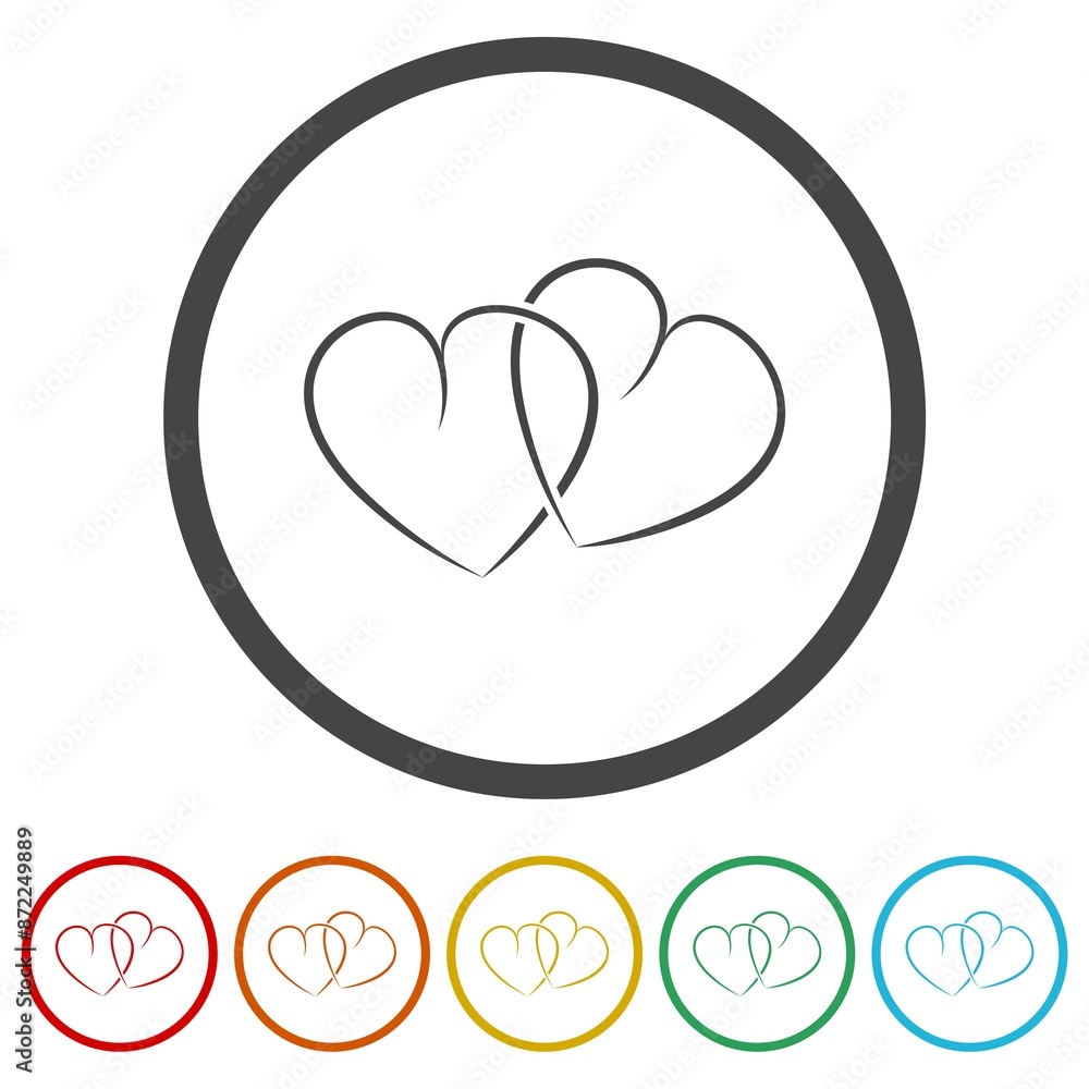Poster two red linked hearts logo icon. set icons in color circle buttons