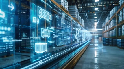 Futuristic warehouse uses digital interface to display transportation and logistics processes. Schematics of trucks and containers highlight automation in supply chains.
