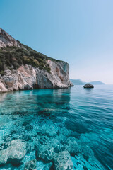 Summer landscape of rocky coastline and blue sea with crystal clear water