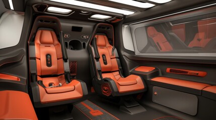 Close-up of a luxury vehicle interior with two orange leather seats, black dashboard, and large window. The design is stylish, comfortable, and sophisticated.