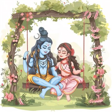 Watercolor illustration for the teej festival with a shiva and parvati on swing.
