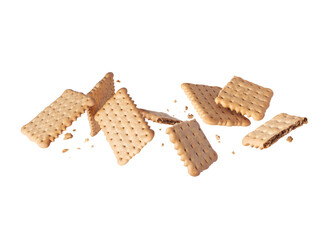 Levitation of whole and crushed crispy cookies in the air close up on a white background