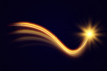 Light wave of shiny gold lines.Gold color glowing design element.Wavy bright stripes.	
