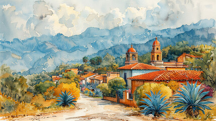 Traditional mexican colonial town watercolor