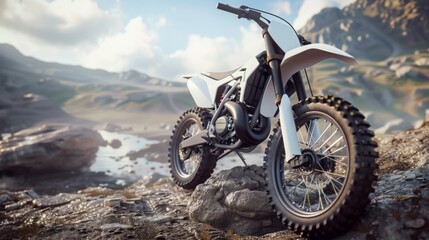 Fototapeta premium A white dirt bike sits on a rocky trail, overlooking a valley with a small body of water. The sun shines brightly, and the surrounding mountains create a dramatic backdrop.