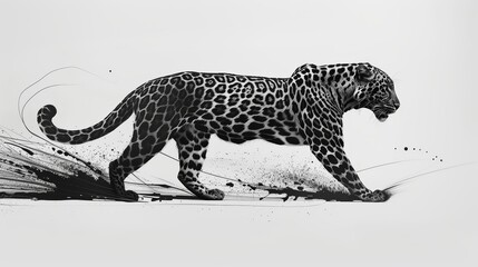 Fototapeta premium A sleek leopard, mid-prowl, is depicted in bold black strokes on a white canvas