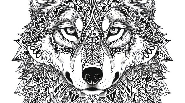 Black and white detailed mandala pattern in the shape of a wolf's head for art and design. Generative AI
