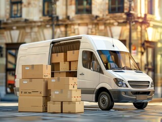 Delivery Van Packed with Cardboard Boxes on a City Street