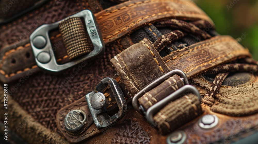 Poster a macro shot of the sleek metallic buckle on a hiking boots ankle s adding an eyecatching luxurious 