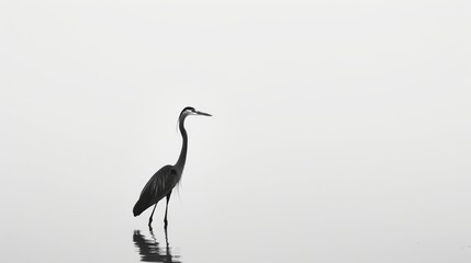 A solitary heron, standing still, is illustrated in minimalist black ink on a white canvas