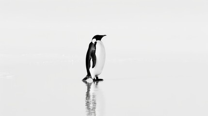 Obraz premium A solitary penguin, standing on an imagined icy expanse, is rendered in minimalist black ink against a white background