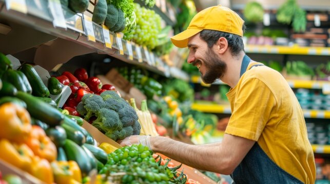 Grocery store employee in yellow cap organizing fresh vegetables on shelves, ensuring a neat and appealing display.