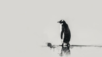 Fototapeta premium A solitary penguin, standing on an imagined icy expanse, is rendered in minimalist black ink against a white background