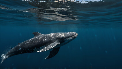 Fototapeta premium A Baby Humpback Whale Plays Near the Surface in Blue Water., Generative AI 